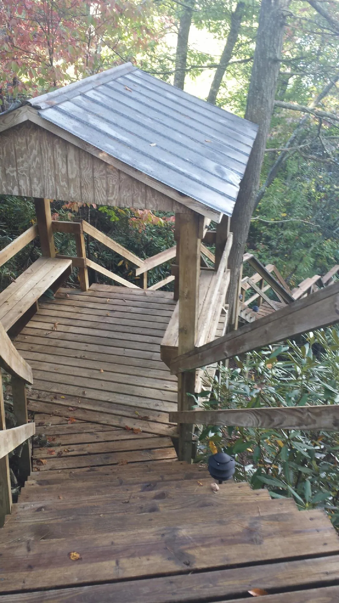 Metal roofed shelter over wooden steps on a wooded walkway — Skylight Repair & Installation work by our crew in Okemos